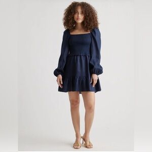 NWT Quince European Linen Smocked Mini Dress Navy Blue Sz S